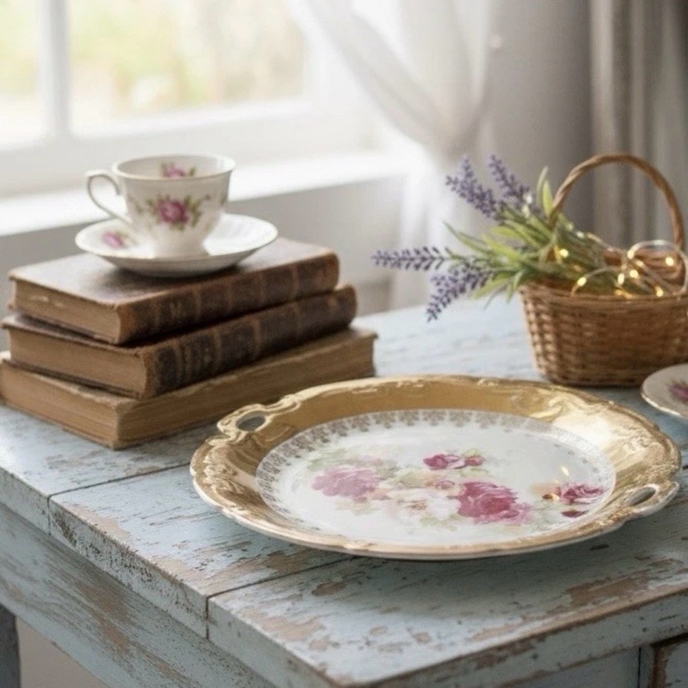 Antique Gilded Porcelain Cake Plate Roses Gold Handles Bavarian Style